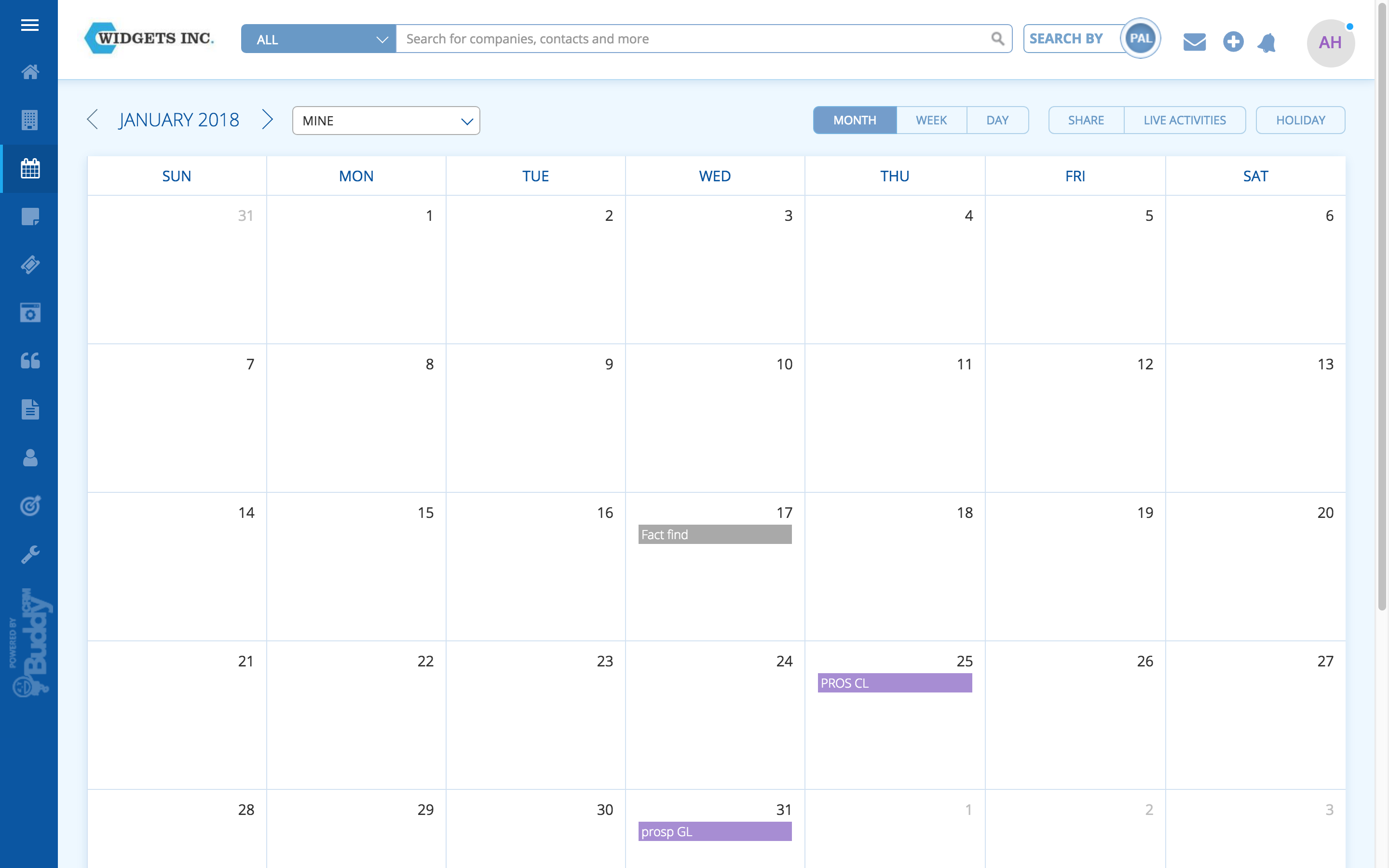 BuddyCRM calendar january screenshot