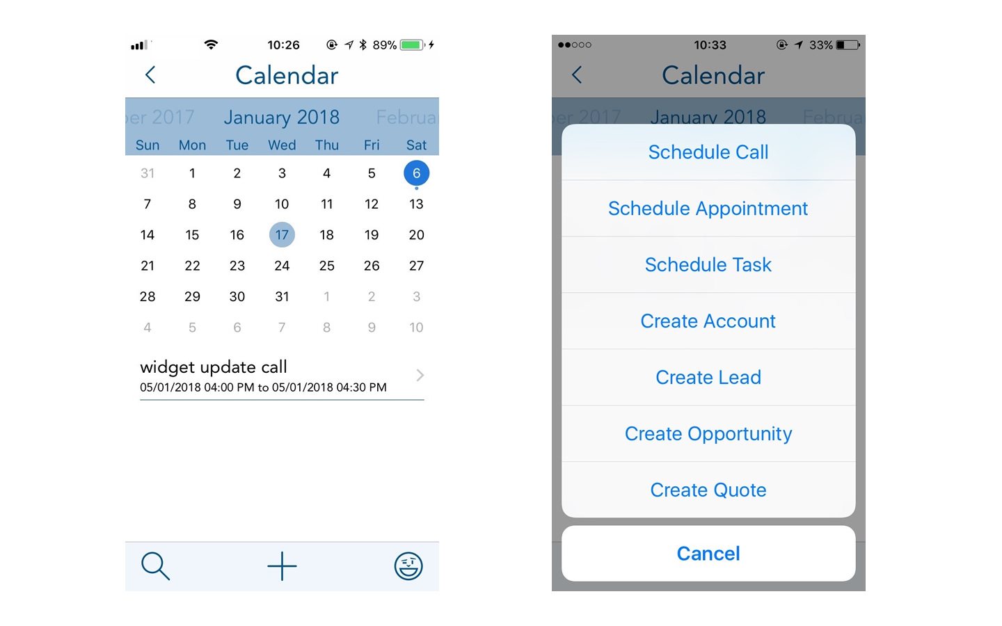 Calendar screenshots from BuddyCRM on ios app