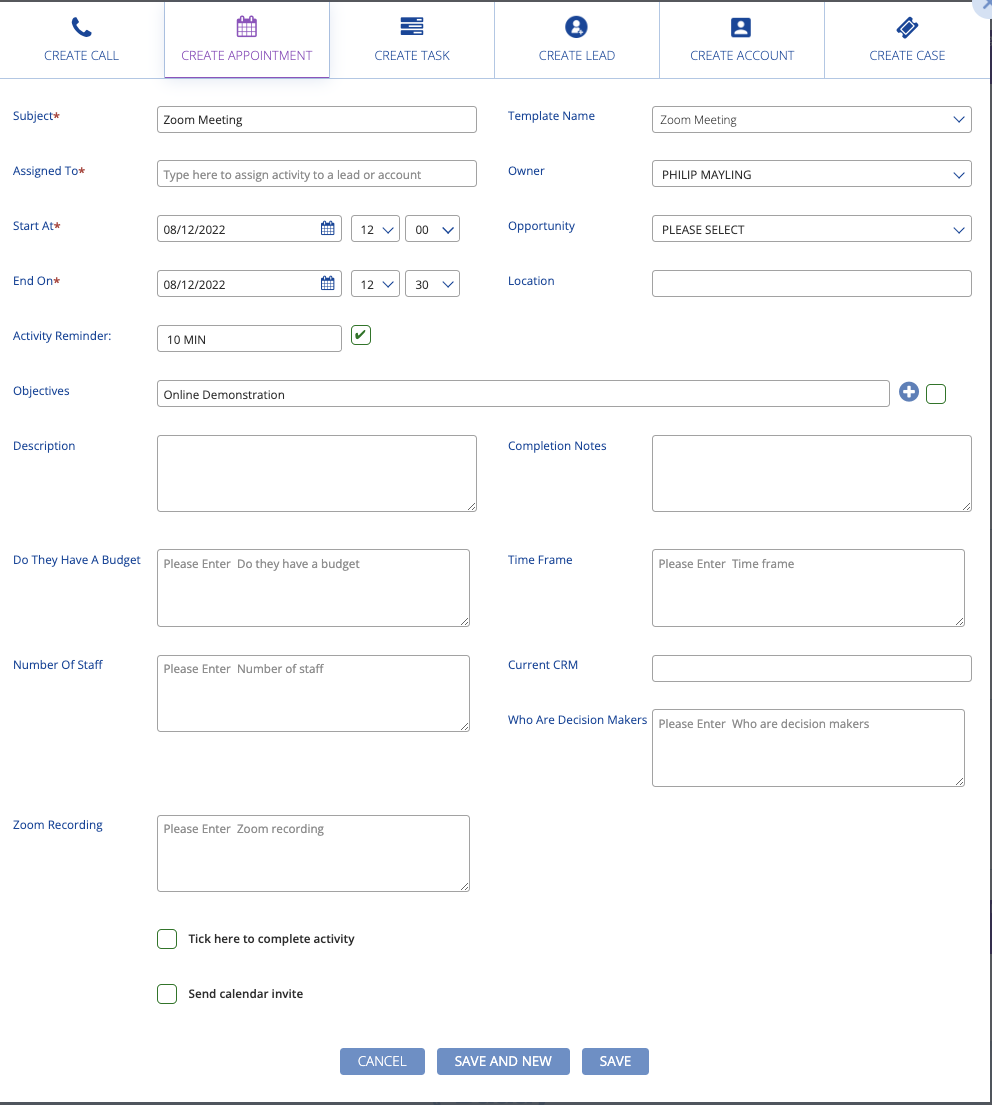 Example of a phone call template in BuddyCRM
