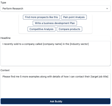 Example of BuddyCRM AI Sales Coach performing research on companies for a salesperson. 