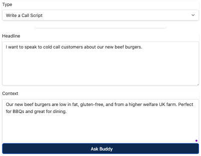 Example of BuddyCRM AI Sales Coach writing a call script for a salesperson.