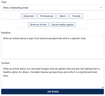 Example of BuddyCRM AI Sales Coach writing a marketing email from a prompt for a salesperson. 